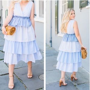 Buru Tiered Blue & Striped Ruffle Dress